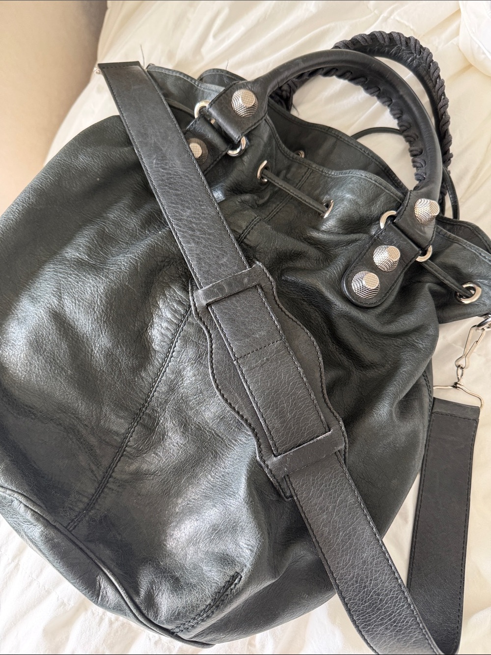 Black Leather Drawstring Bucket Bag with Top Handles BALENCIAGA